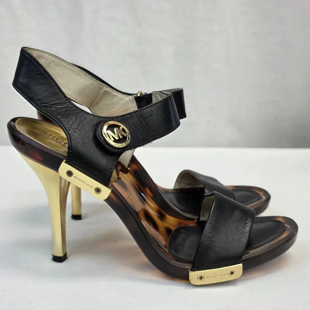 Michael Kors Black Leather Tortoise Shell Gold‎ Stiletto Sandals Heels Womens
